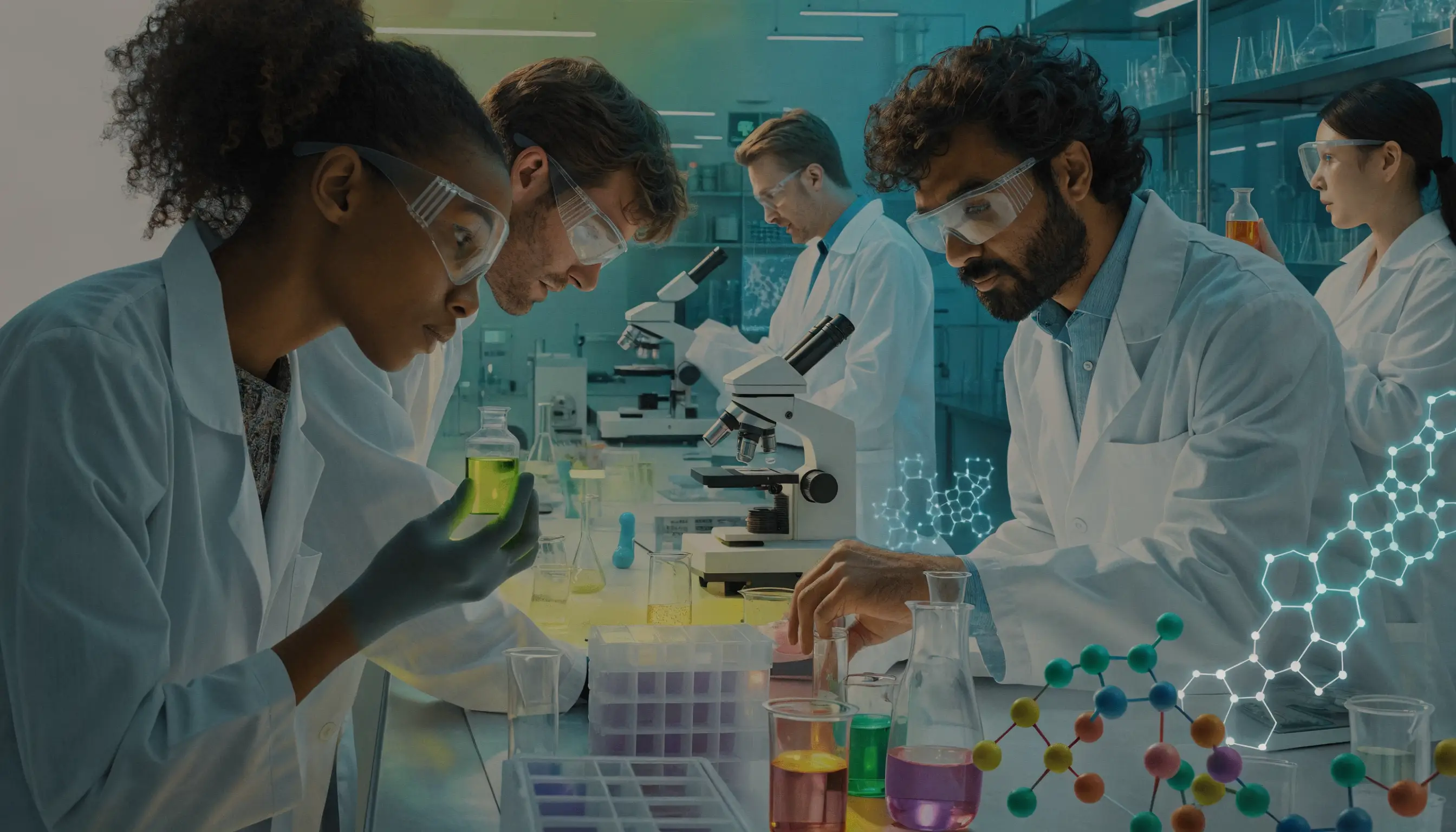 Scientists studying peptide samples in a modern laboratory